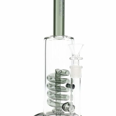 A clear glass GRAV Smoke Coil Showerhead Bong featuring a thick base, cylindrical body, spiral percolator inside, and side-mounted bowl attachment. Subtle green accents highlight the mouthpiece, base, and percolator for a sleek finish.