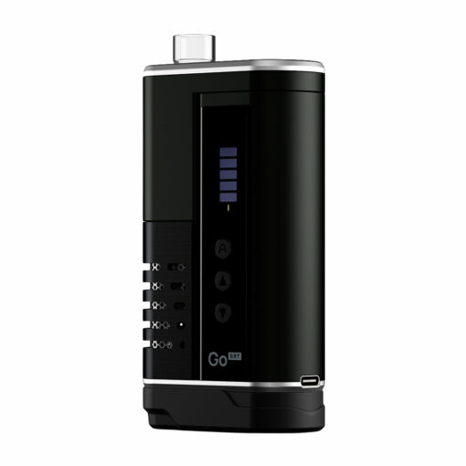 The Arizer Go SRT Vaporizer is a black handheld device with a digital display, control buttons, side switches, and a USB charging port at the bottom. Its screen shows blue bars and a yellow indicator.