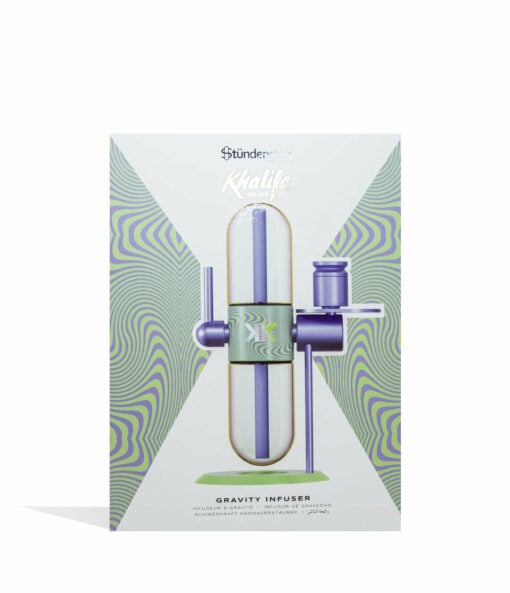 A retail box for the Stündenglass x Wiz Khalifa Gravity Infuser, displaying a stylized image of the device with green and purple wave patterns on white, inspired by Wiz Khalifa’s signature style.