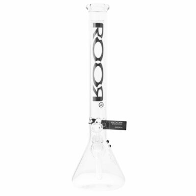 The RooR Classic 18" Beaker Waterpipe features a clear design with a straight neck, the black/white ROOR logo down the side, and comes with a removable bowl piece.
