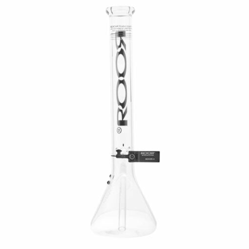 The RooR Classic 18" Beaker Waterpipe features a clear glass body, a long neck, a detachable bowl piece, and a bold black/white ROOR Classic logo displayed vertically on the tube.