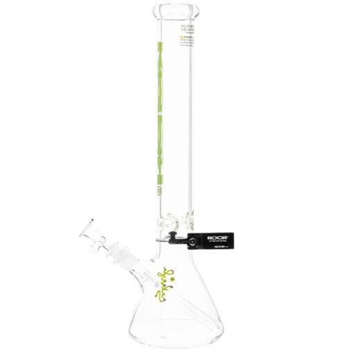 The RooR Beaker 18" Waterpipe - Neon Green Logo features clear glass, a straight neck, green decorative accents, a removable bowl piece, a small black ROOR tag near the base, and a bold neon green logo for standout style.