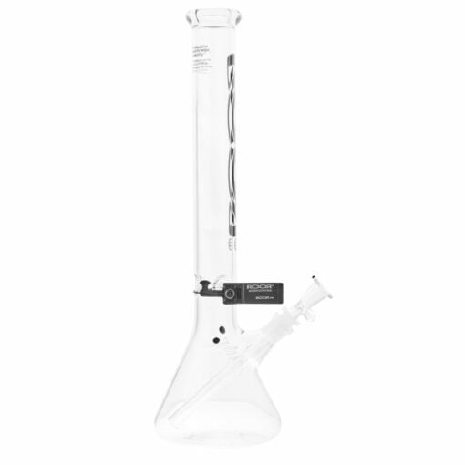 The RooR Classic 18" Beaker Waterpipe features a clear glass body, straight neck, black band near the top, Black/White Logo detail, and comes with a removable bowl and downstem.