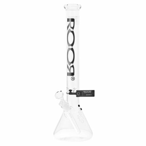 The RooR Classic 18" Beaker Waterpipe features a clear beaker-shaped base, angled downstem, bowl, vertically printed black/white logo on the neck, and a small black tag near the base.
