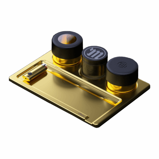 The 24k Stashtray Bundle includes a gold and black metallic tray, a matching gold razor, two small round jars, and a cylindrical container—all styled in a sleek, modern design.