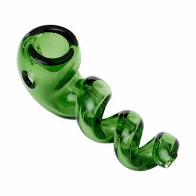The Human Grade Corkscrew Pipe is a green glass pipe with a spiral stem and bowl at one end, crafted to human grade standards and displayed against a white background.