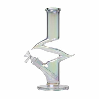 The Human Grade Iridescent Zing Water Pipe is a clear, iridescent pipe with a unique zigzag middle, straight neck, round base, and angled downstem with an attached bowl.