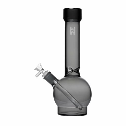 The Human Grade 12" Ball Water Pipe features translucent gray glass, a straight cylindrical neck, round base, and includes a Human Grade downstem plus a side-angled bowl.