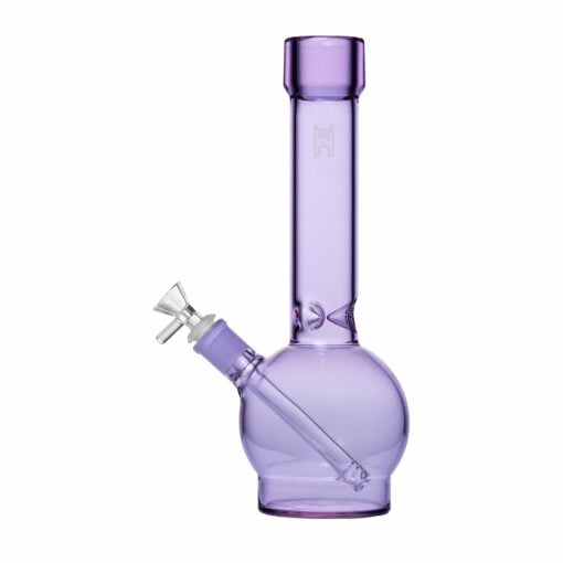 The Human Grade 12" Ball Water Pipe is a transparent purple glass bong with a round base, straight neck, and silver-colored bowl and downstem, crafted from human grade materials for premium quality and style.