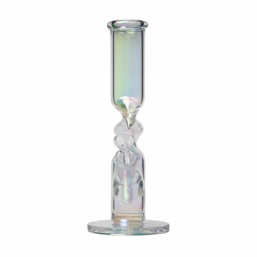 The Human Grade Iridescent Zing Water Pipe features a clear, cylindrical design with a round base and side opening for a bowl. Its glass showcases subtle rainbow reflections for an eye-catching appearance.