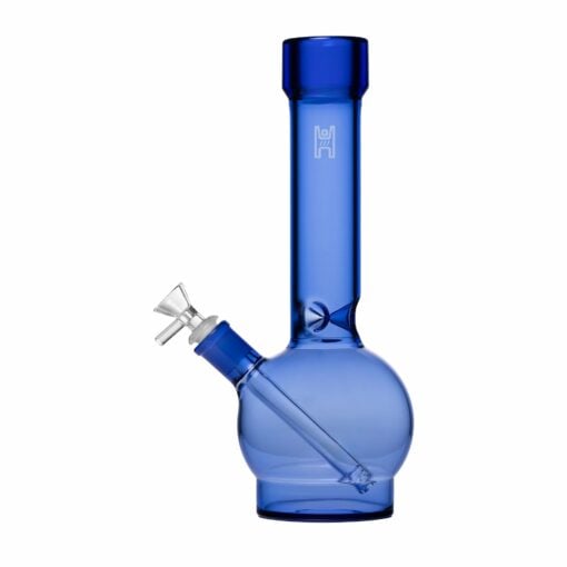 The Human Grade 12" Ball Water Pipe features transparent blue glass, a round base, angled neck, and a removable bowl piece attached to the side, all crafted for quality and safety using human grade materials.