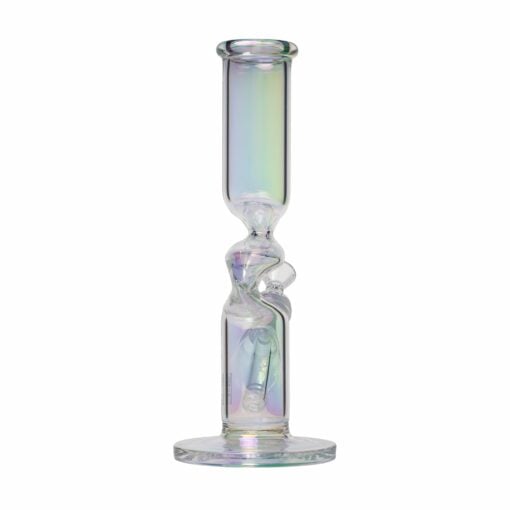 The Human Grade Iridescent Zing Water Pipe, made of clear iridescent glass with a wide base, twisted center, and cylindrical mouthpiece, stands upright against a white background.