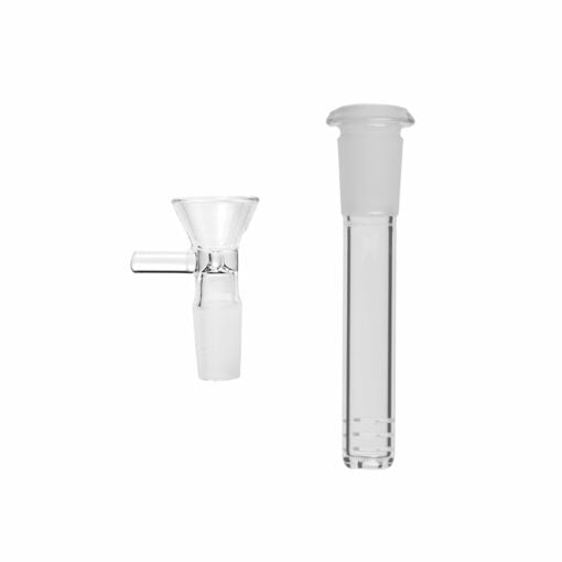 A clear glass bowl slide with a handle and detachable downstem, both designed for use with the Human Grade Iridescent Zing Water Pipe, displayed on a white background.