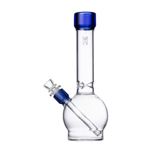 The Human Grade 12" Ball Water Pipe is a clear glass water pipe with a round base, straight neck, blue accents on the mouthpiece and bowl, side-mounted downstem, and an embossed logo on the neck.
