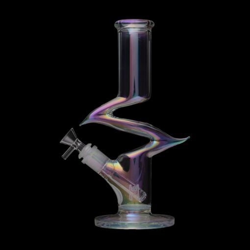 The Human Grade Iridescent Zing Water Pipe features a clear, iridescent glass body with a zig-zag neck and a slanted mouthpiece, displayed against a solid black background.