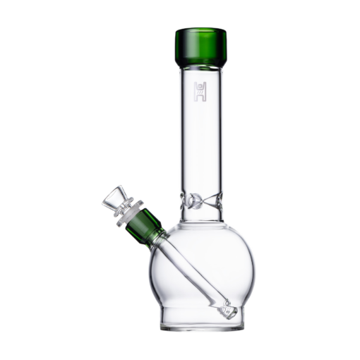 The Human Grade 12" Ball Water Pipe features clear glass, a round base, angled downstem, and green accents on the mouthpiece and downstem joint, displayed on a white background.