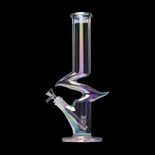 The Human Grade Iridescent Zing Water Pipe features a striking zigzag neck, iridescent finish, and slanted bowl piece, all set against a black background.