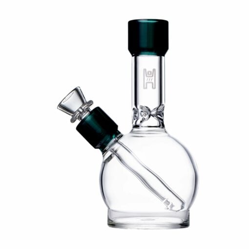 The Human Grade 6" Ball Water Pipe features clean, transparent glass with a round base, straight neck, and angled mouthpiece accented in dark green. Its bowl is attached at an angle for style and ease of use.