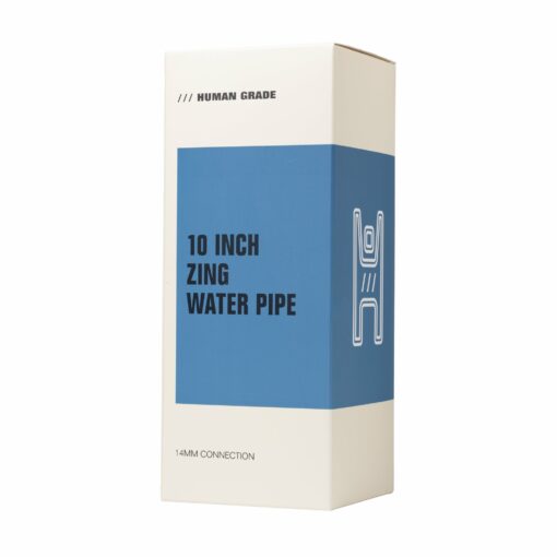 A white and blue rectangular box labeled Human Grade Iridescent Zing Water Pipe with 14mm Connection, featuring a simple line illustration of the pipe on the side.