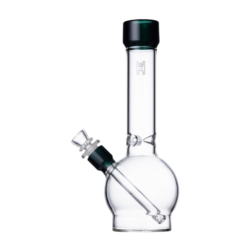 The Human Grade 12" Ball Water Pipe features clear glass with a round base, vertical neck, angled mouthpiece, and bowl. Black accents on the mouthpiece and bowl holder add a sleek touch.