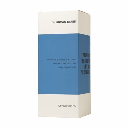The Human Grade Iridescent Zing Water Pipe comes in a white and blue box labeled "Human Grade" and features a handmade borosilicate glass iridescent pipe with a flower bowl, 14mm connection. Learn more at humangrade.co.