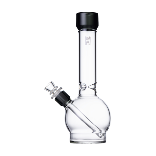 The Human Grade 12" Ball Water Pipe features a clear round base, straight neck with a small logo, angled downstem, and removable bowl, all highlighted against a white background to showcase its crafted quality.