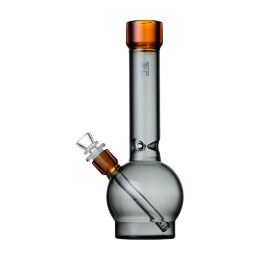 The Human Grade 12" Ball Water Pipe has a round base, straight neck, and amber accents on the mouth and downstem joint, shown against a white background.
