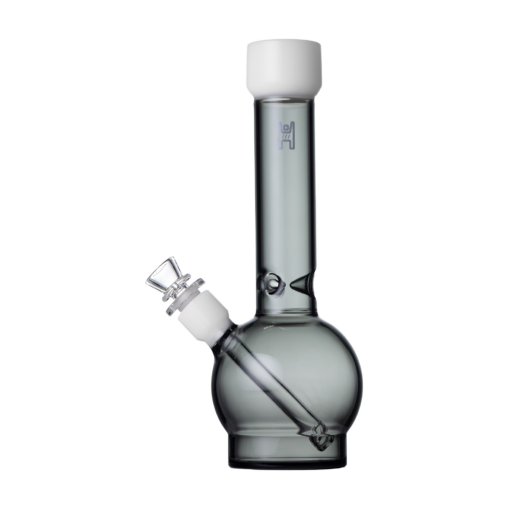 The Human Grade 12" Ball Water Pipe features transparent gray human-grade glass, a round base, angled downstem, and white mouthpiece. Photographed on a white background.