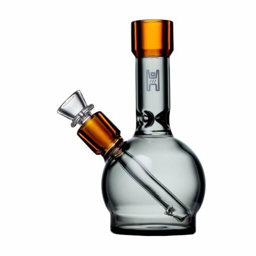 The Human Grade 6" Ball Water Pipe has a glass round base and straight neck, amber accents on the mouthpiece and joint, plus a clear downstem and bowl. Crafted with human grade materials for superior safety and quality.