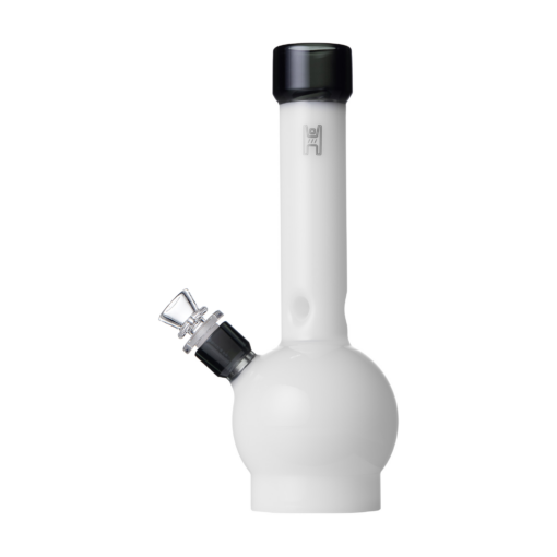 The Human Grade 12" Ball Water Pipe features a white glass round base with a black mouthpiece and bowl, shown against a plain white background.