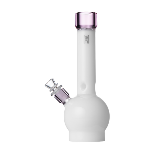 The Human Grade 12" Ball Water Pipe is made from white glass with a round base and straight neck, plus a transparent bowl and subtly purple-tinted mouthpiece.