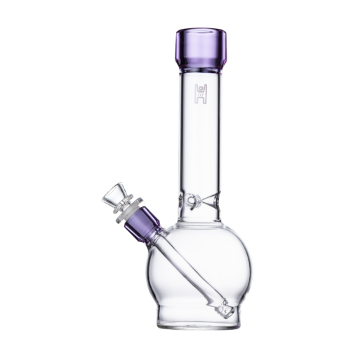 The Human Grade 12" Ball Water Pipe features clear glass, a round base, and a subtly purple-tinted neck and mouthpiece. It includes a side tube and removable bowl, crafted from human grade materials for lasting quality and durability.