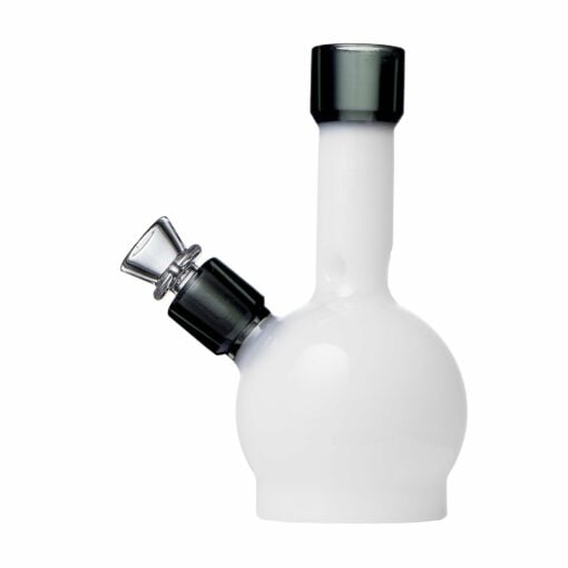 The Human Grade 6" Ball Water Pipe features a white, round-bottomed design with a black mouthpiece and angled bowl, shown isolated on a white background.