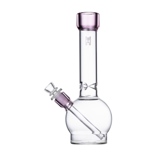 The Human Grade 12" Ball Water Pipe features clear glass with a round base and straight neck, light purple accents on the neck and bowl, and an angled bowl placed near the base for added style.