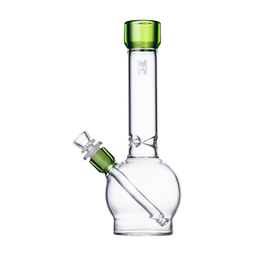 The Human Grade 12" Ball Water Pipe features a clear design with a round base, slanted downstem, and green accents on the mouthpiece and bowl. Built for safe, reliable use, it stands upright on any flat surface against a white background.