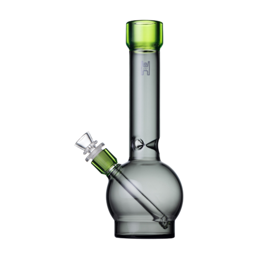 The Human Grade 12" Ball Water Pipe features a round base, angled downstem, and green-tinted mouthpiece, crafted to high standards and photographed on a white background.
