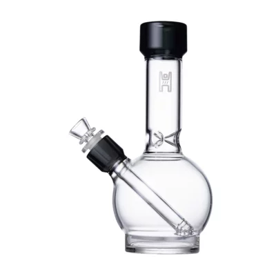 The Human Grade 9" Ball Water Pipe has a clear round base, straight neck, and angled downstem, with black accents on its mouthpiece and bowl. Crafted from human grade materials, it offers quality and durability.