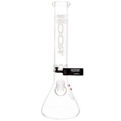 The RooR Classic 14" Beaker Bong Smoking Waterpipe with a white logo features clear glass, a cylindrical neck, and comes with a removable downstem and bowl.