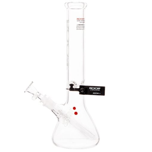 The RooR Classic 14" Beaker Bong Smoking Waterpipe features clear glass, a flared base, angled downstem, black RooR clip near the neck, two small red dots, and bold white branding on the side.