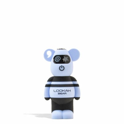 The Lookah Bear Cartridge Vaporizer is a small, blue and black bear-shaped figurine with "LOOKAH BEAR" on its chest, playful spiral and star face graphics, a power symbol below its nose, and is shown against a white background.