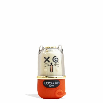 The Lookah Cat 510 Variable Voltage Battery is a small, cat-shaped device with a white face, cartoon features (X-eye, spiral eye, whiskers), an orange base labeled "Lookah Cat," and a playful sticking-out tongue.