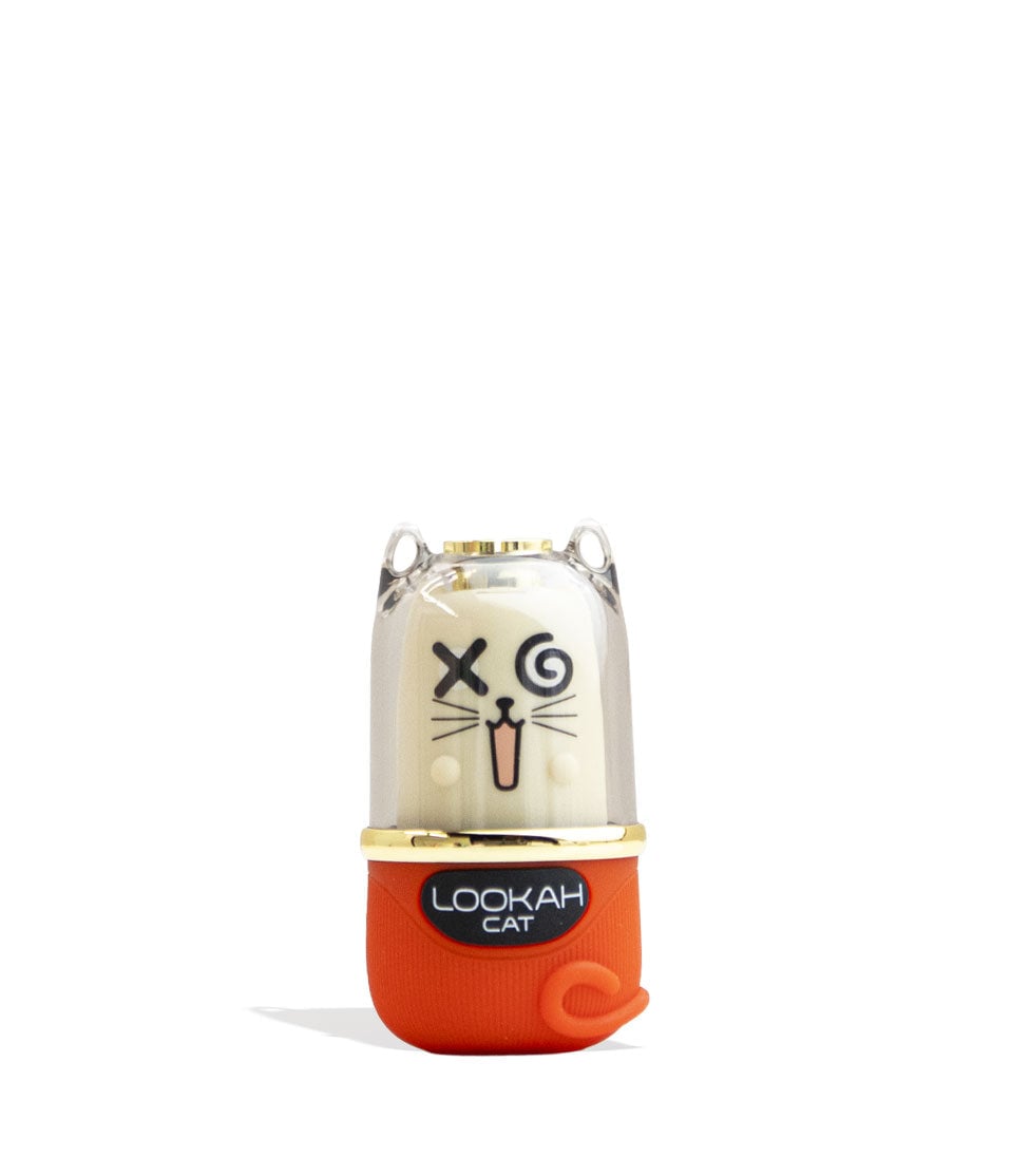 The Lookah Cat 510 Variable Voltage Battery is a small, cat-shaped device with a white face, cartoon features (X-eye, spiral eye, whiskers), an orange base labeled "Lookah Cat," and a playful sticking-out tongue.