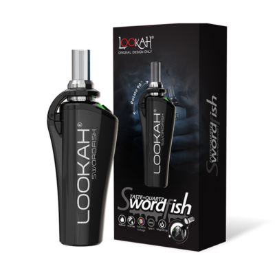 A black Lookah Swordfish Vaporizer stands beside its matching box, which displays the device’s image, brand logo, and product details against a dark background.