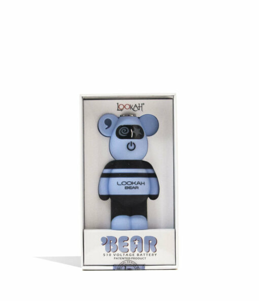 The Lookah Bear Cartridge Vaporizer, shaped like a blue bear with a cap and large power button on its chest, is displayed in clear-front packaging marked "TEAR" at the bottom and branded LOOKAH BEAR.