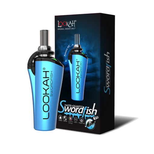 A metallic blue Lookah Swordfish Vaporizer stands upright beside its black box, featuring the product image, branding, and the bold words "Taste-Quartz Swordfish" in white and blue.