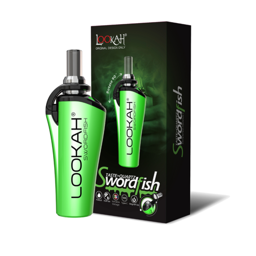 A green Lookah Swordfish Vaporizer stands beside its black box, which features the device's image, brand name, and details in white and green text on a smoky green background.