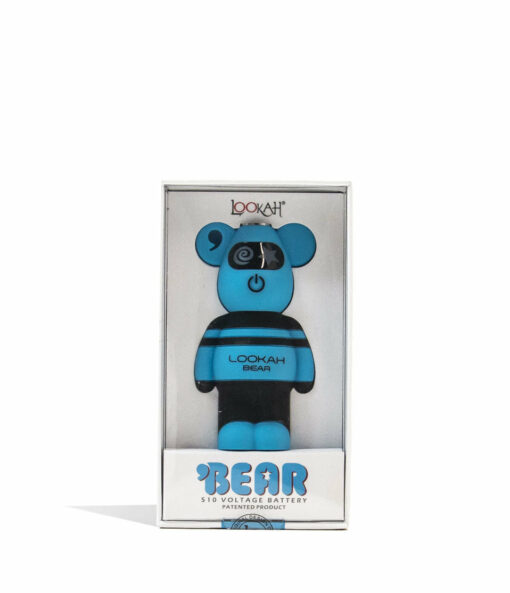 A blue bear-shaped Lookah Bear Cartridge Vaporizer is shown in clear packaging labeled "BEAR 510 VOLTAGE BATTERY" and "Cartridge Vaporizer," set against a white background.