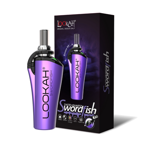A purple and black Lookah Swordfish Vaporizer stands next to its box, which features the Lookah logo and product details in silver and white text on a purple smoke-themed background.