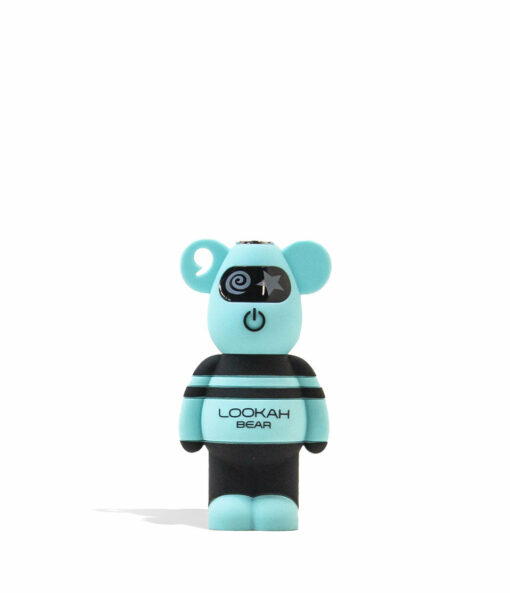 The Lookah Bear Cartridge Vaporizer is a small, blue and black bear-shaped device featuring "LOOKAH BEAR" on its chest, star and spiral eyes, plus a power button symbol—ideal for any cartridge vaporizer fan.