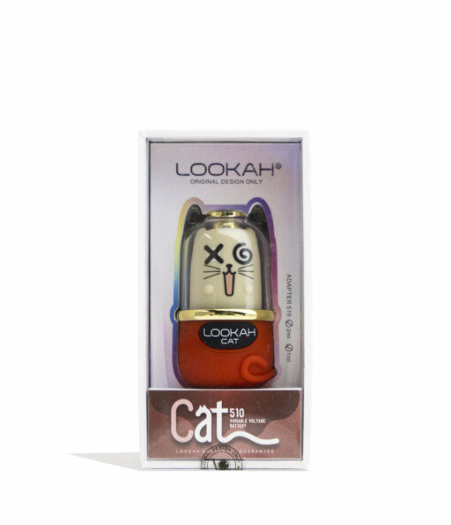 A boxed Lookah Cat 510 Variable Voltage Battery with a cat face design—X and spiral eyes, whiskers, and a red lower half—is shown in clear plastic packaging displaying the Lookah branding and product details.